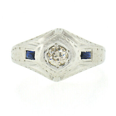 Antique Art Deco 14k White Gold European Diamond & Sapphire Hand Engraved Ring