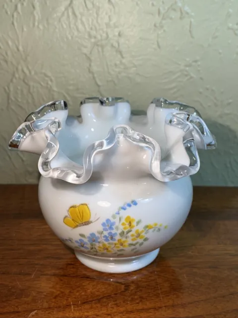 Fenton Glass Silver Crest Hand Painted Rose Bowl,signed.