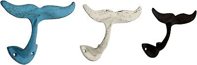 Cast Iron Whale Tail Wall Hooks, Assorted Colors, 5 Inches, Set of 3