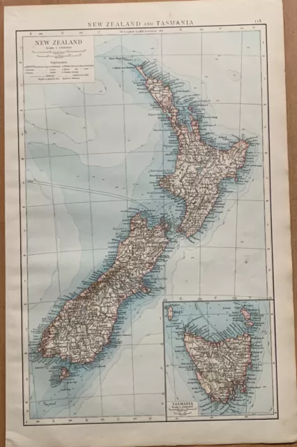 1898 New Zealand & Tasmania Original Antique Map 124 Years Old