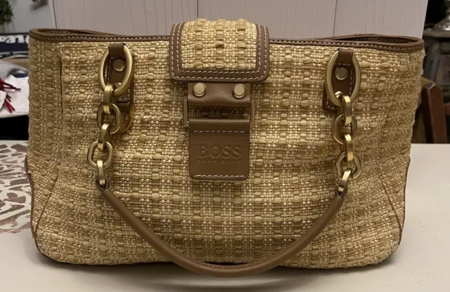 BOSS HUGO BOSS Natural Raffia Tan Leather Handbag Chunky Gold Chain ...