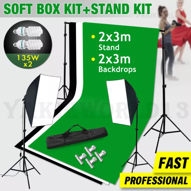 Photography Studio Softbox Lighting Kit + 2x3m Photo Backdrop Support Stand Set