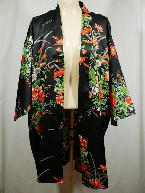 Vintage Kimono Shirt Top Black Floral Polyester Japan Open Great Color