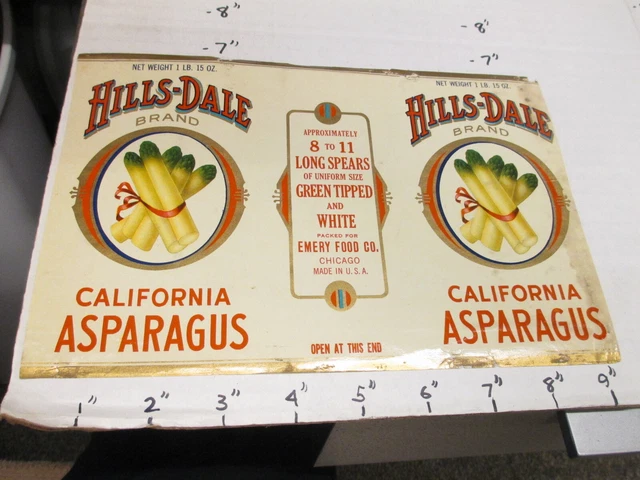 HILLS-DALE California asparagus 1930s tin can food paper label Emery Chicago