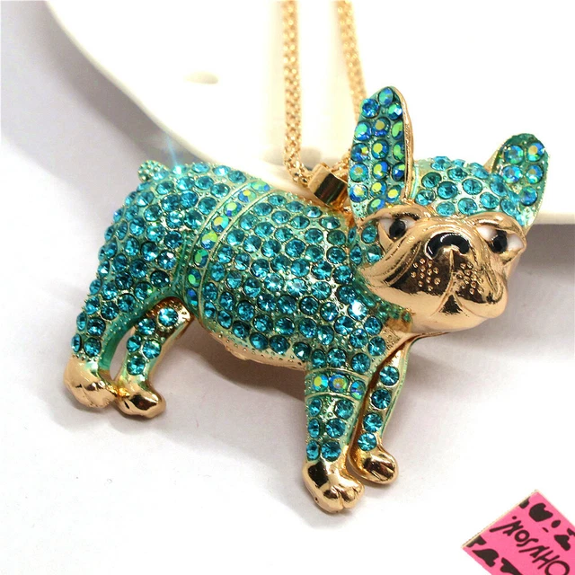 New Betsey Johnson Blue Rhinestone Bling Cute Pug Dog Crystal Pendant Necklace 2