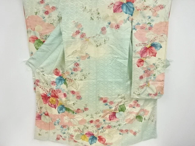 36646# Japanese Kimono / Antique Furisode / Embroidery / Kiku & Paulownia