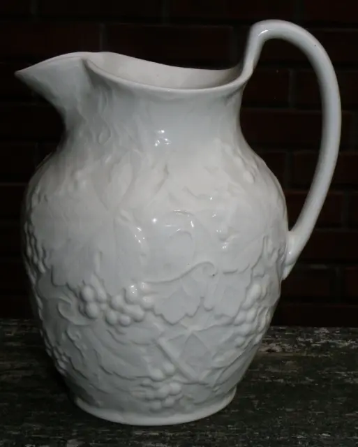 Vtg 6 5/8" White Wedgwood Pitcher-Raised Grapes & Grape Leaves-1940+-Tiny Chip