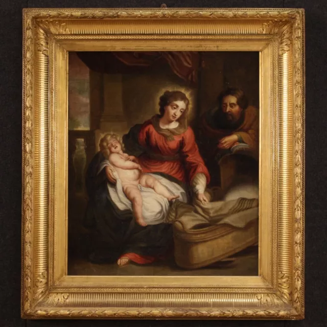 Dipinto religioso sacra famiglia ad olio su tela quadro antico XVIII secolo 700