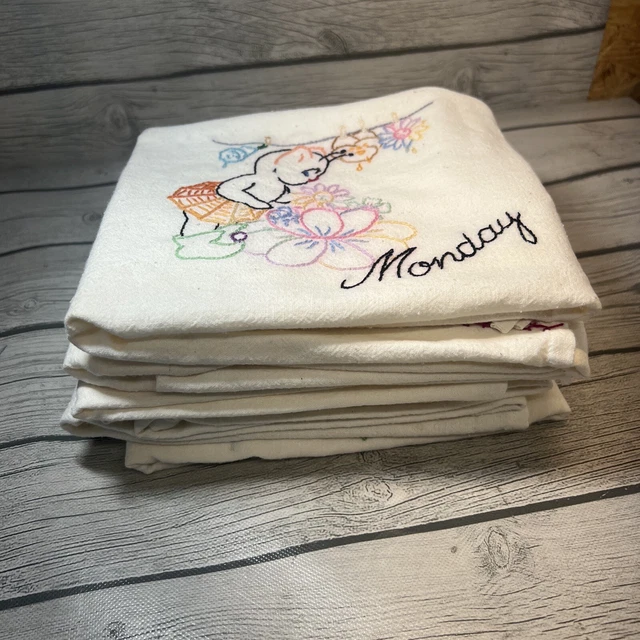 Vintage Elf or Pixies DOW Days of Week Embroidered Dish Kitchen Towels Full Set