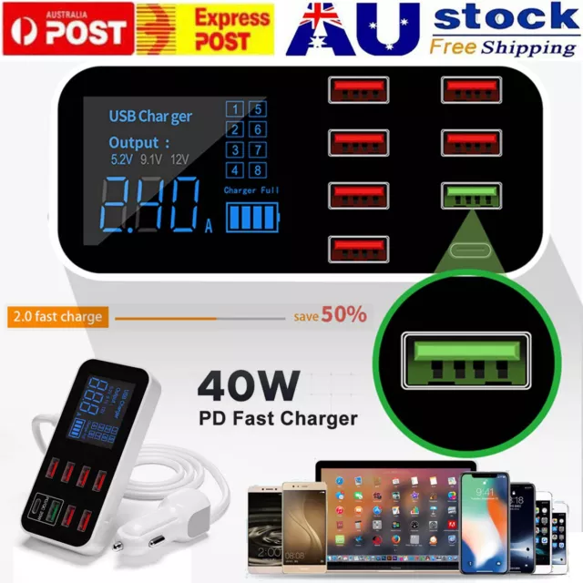 8 Port Fast Car Charging Station DC 12-24V Multi USB Hub QC3.0+PD Phone Charger