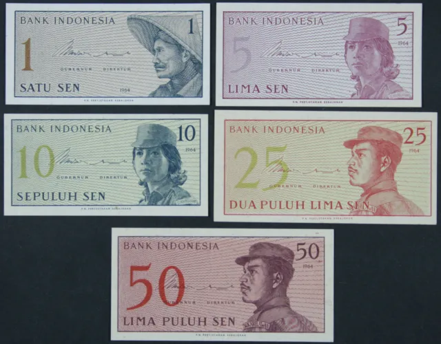 INDONESIA - SET of 5 Banknotes - 1 5 10 25 50 Sen 1964 P-90 91 92 93 94 (UNC)