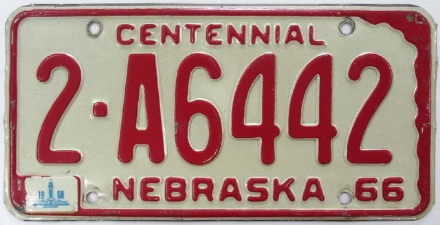 Nebraska 1966 1968 Centennial License Plate, 2 A6442, Lancaster County