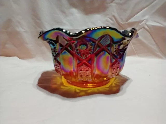 Vintage LE Smith Ruby Red Old McKee Quintec Carnival Glass Bowl w/ Crimped Edges