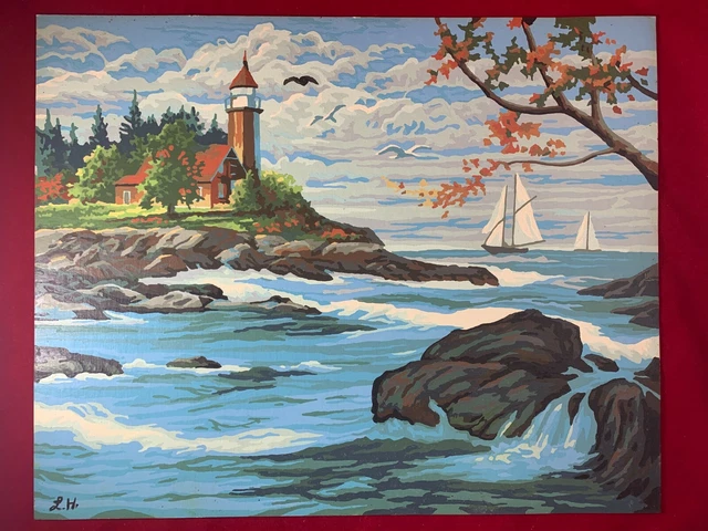 Paint-by-Number 16x20 Lighthouse & Sailboats on Rocky Seashore in Autumn PBM