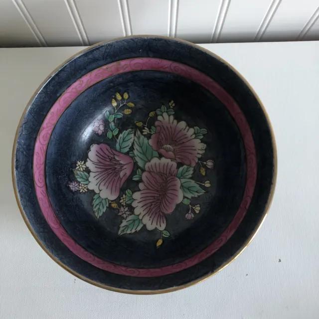Vintage WBI China Navy Blue Pink FlorAl Centerpiece Bowl Hand Painted Brass Rim