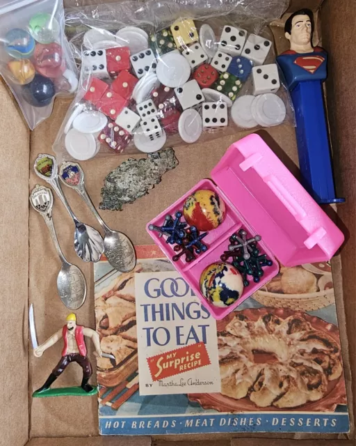 Vintage Junk Drawer Lot- Old Dice, Toys, Marbles, Raw Copper, Superman Pez, Etc