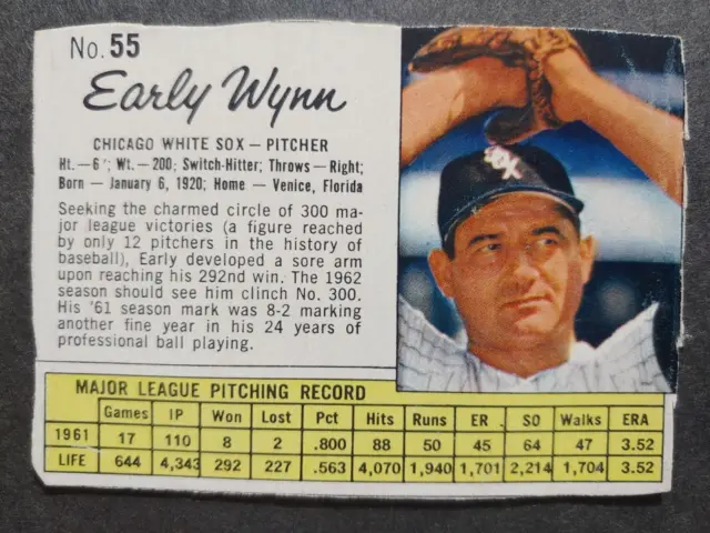 1962 Jello #55 Early Wynn (Hof), Chicago White Sox, Very Good