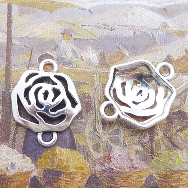 20 Tibet Silver Tone Alloy Rose Flower Pendant 16mm Connector Charm DIY Bracelet