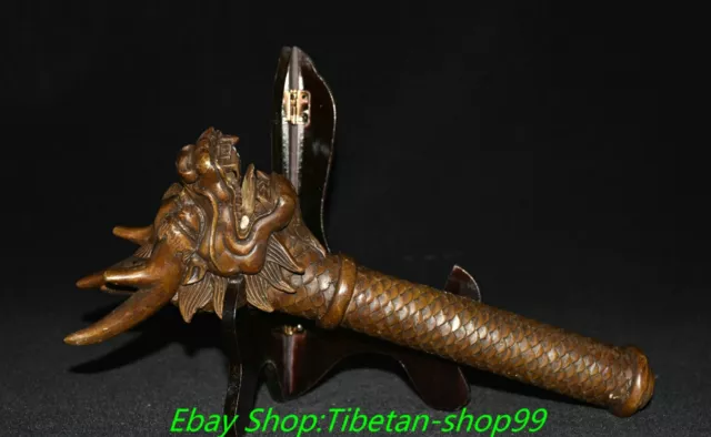 6.3'' Old Chinese Bronze Dragon Loong Beast Walking Stick Head Statue Sculpture