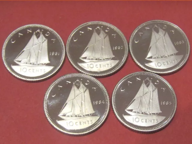 1981, 1982, 1983, 1984, 1985 Canada 10 cent proofs