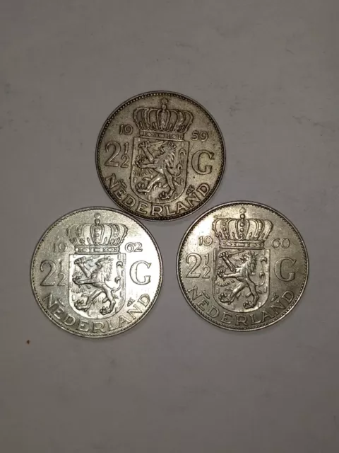 3 x = 2 1/2 Gulden = 1959 + 1960 + 1961 = Niederlande org. Silbermünzen -TOP-LOT