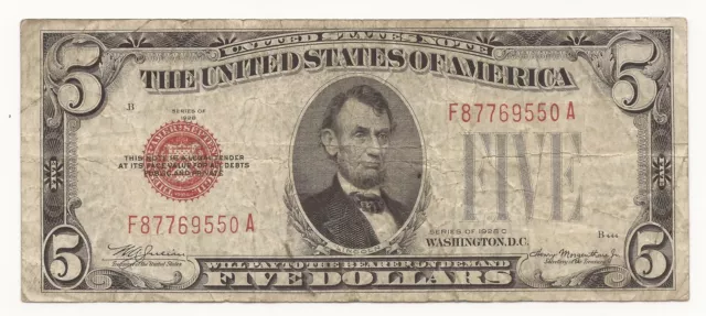 1928-C $5 Dollar Bill Red Seal United States Note VG Or Better