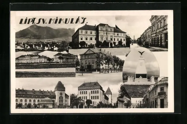 AK Liptovský Mikulás, Ortsansicht, Denkmal, Straßenpartie und Gebäude, Fotomont