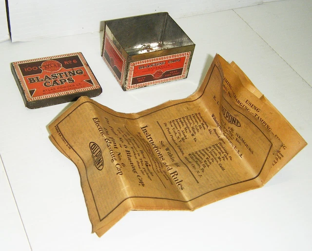 Vintage Atlas No. 6 Blasting Caps Metal Can With Original Directions