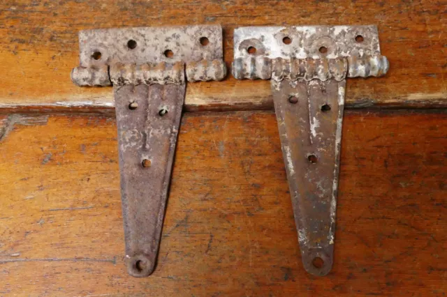 2) Antique Vintage Barn Door Shed Cabin Strap T Salvaged Hinges Rusty Patina 8”