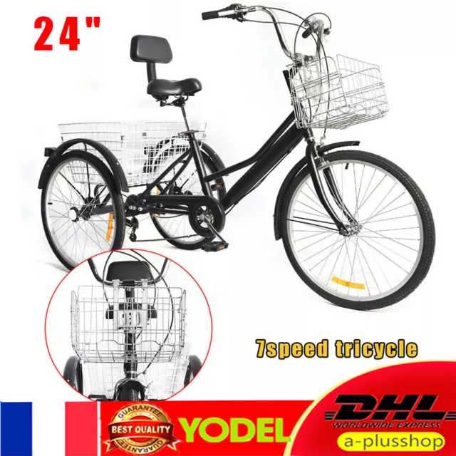 24" Tricycle Adulte avec Panier avant 7 Vitesses 3 Roues Vélos avec Dossier