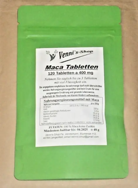 Maca 120 Tabletten, aus reinem Maca-Pulver, ohne Zusatzstoffe, vegan