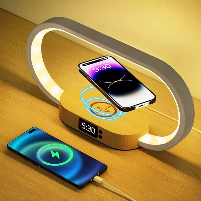 Bedside Table Lamp with Clock 10W Wireless Charger Touch Control Lamp Dimmable