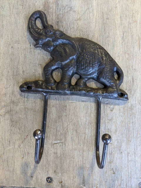 Cast Iron Wall Mount Elephant standing Hook Coat Key Rustic Shabby brown safari