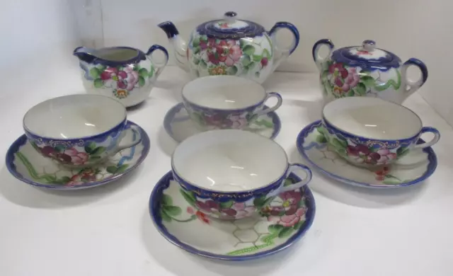 Vintage Porcelain Floral Japan Tea Set Teapot, Creamer, Sugar, Cups, Saucers