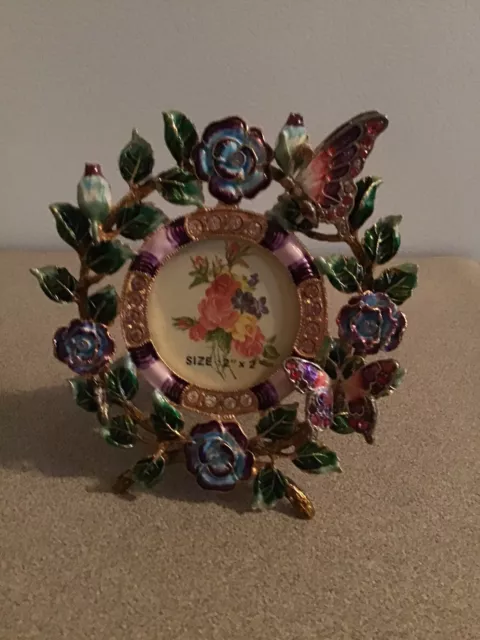 Gorgeous Enameled Butterfly And Roses Picture Frame