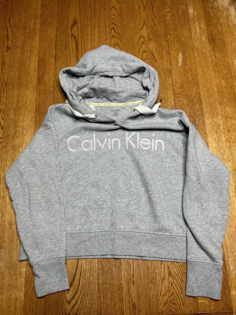 CALVIN KLEIN Cropped Hooded Sweatshirt Women's Size SMALL Heather Grey Hoodie