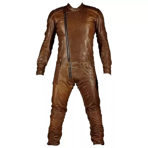 Men Genuine Soft Leather Jumpsuit Catsuit Brown Vintage Biker Racer Suit