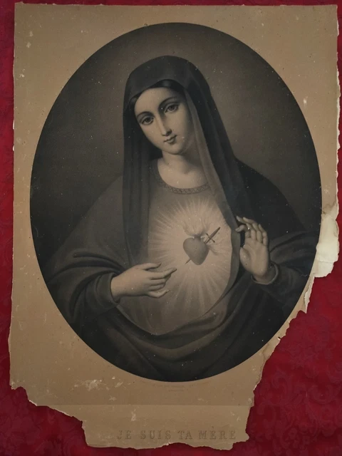 Lithographie Ancienne XIXe - Très Saint Coeur De Marie - 67x49 Cm - En L'état