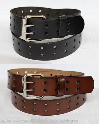 New Mens 2 Double Holes Dress Casual Leather Belt 2Prong Roller Removable Buckle