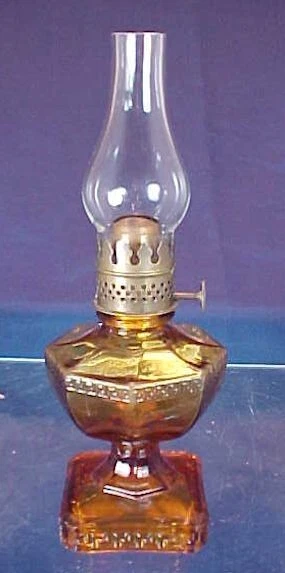 Vintage Greek Key Pattern Amber Glass Miniature Oil Lamp Glass Chimney