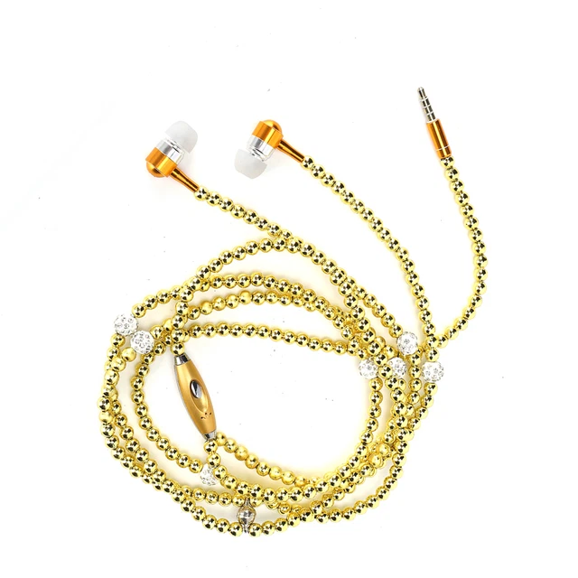 (gold) In-Ear Headphones Artificial Pearl Necklace Earplugs With
