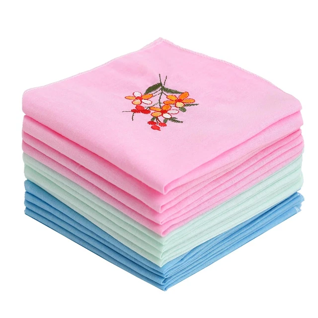Lot De 12 Mouchoirs En Tissu 100% Coton - Bleu, Rose, Beige - 28x28 Cm - Doux Et Absorbants