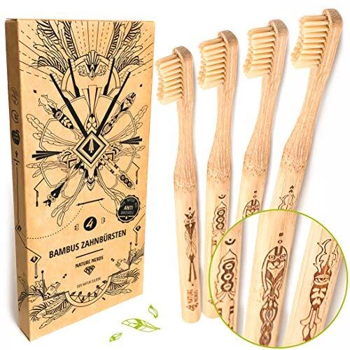 Nature Nerds - Bambus-Zahnbürsten im Set (4er Pack) / Härtegrad: Mittel/aus n...