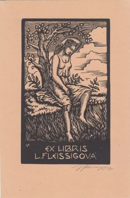 Exlibris Bookplate Woodcut Viktor Fleissig 1893-1955 Woman Tree