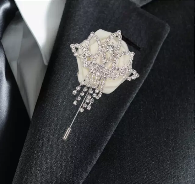 Groom Groomsmen Brooch Rhinestone Flower Boutonniere Wedding Suit Coat Pin Badge