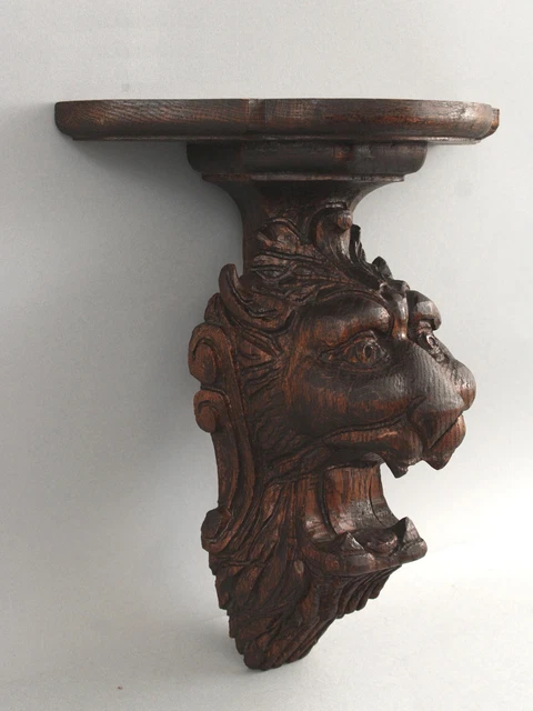 Antique circa-1900 Carved Oak, Roaring Lion Architectural Gargoyle Shelf, NR