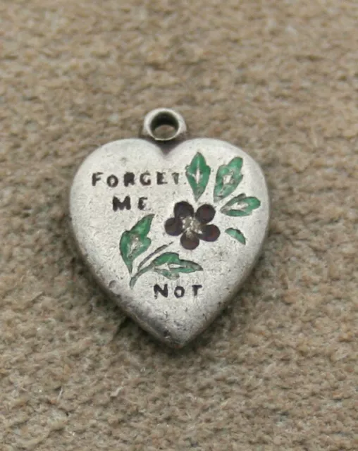 VINTAGE STERLING SILVER PUFFY HEART CHARM - Forget Me Not with Enamel & Engr.