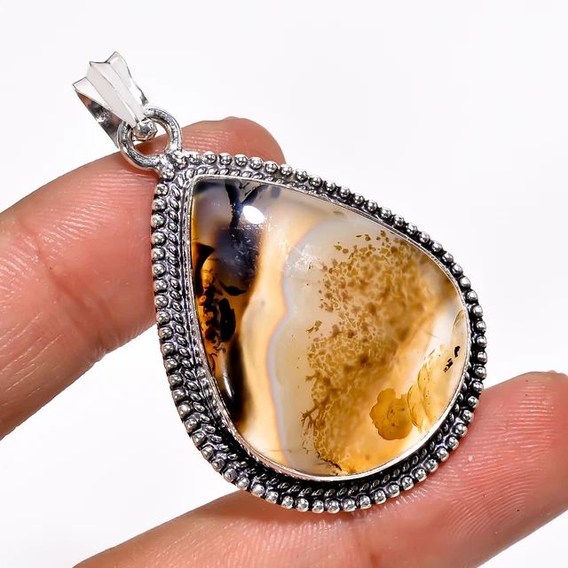Montana Agate Vintage Style Handmade 925 Sterling Silver Pendant 1.9" GSR-3836