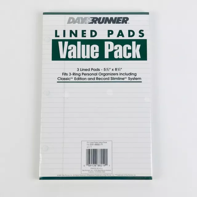 Day Runner Lined Pads Value Pack 3 Ring 5.5" x 8.5" NOS 1993