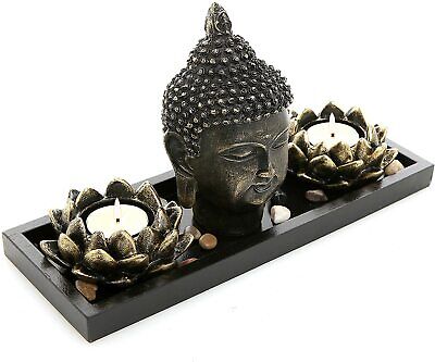 Buddha Head Sculpture Zen Garden Set w/Lotus Tealight Candle Holders